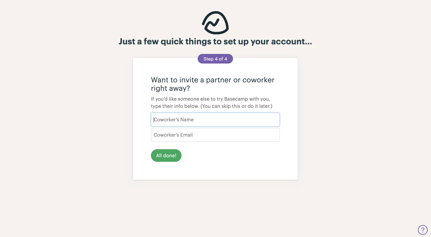 Basecamp uses the signup process to help set up the product (click to view full-size image).