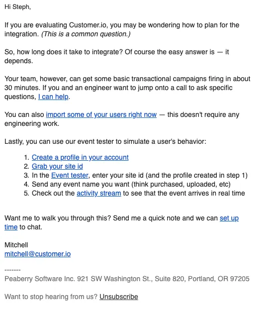 Customer.io uses the onboarding flow to get users to talk to the team.