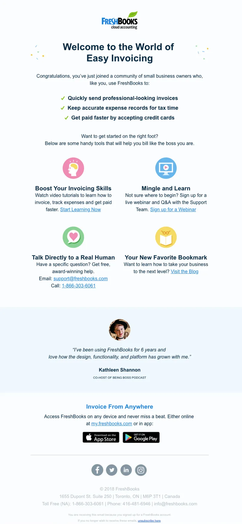 FreshBooks' welcome email is full of reminders of the value users are getting.