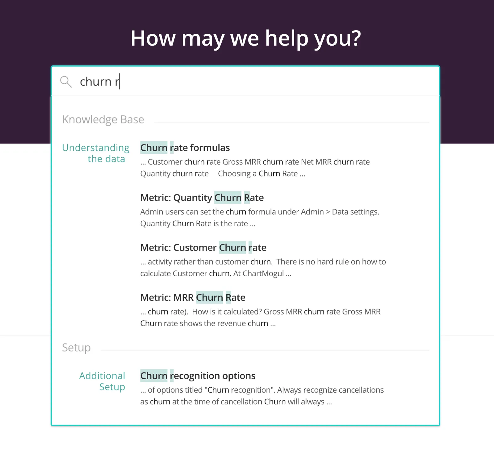 The improved search experience in the ChartMogul Help Center, enabled by Algolia. Try it out for yourself!