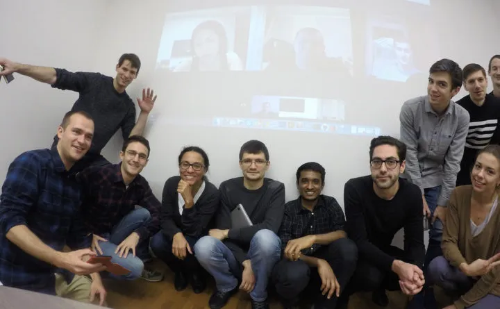 ChartMogul all hands, 11 in the office and 4 on Skype (projected overhead).
