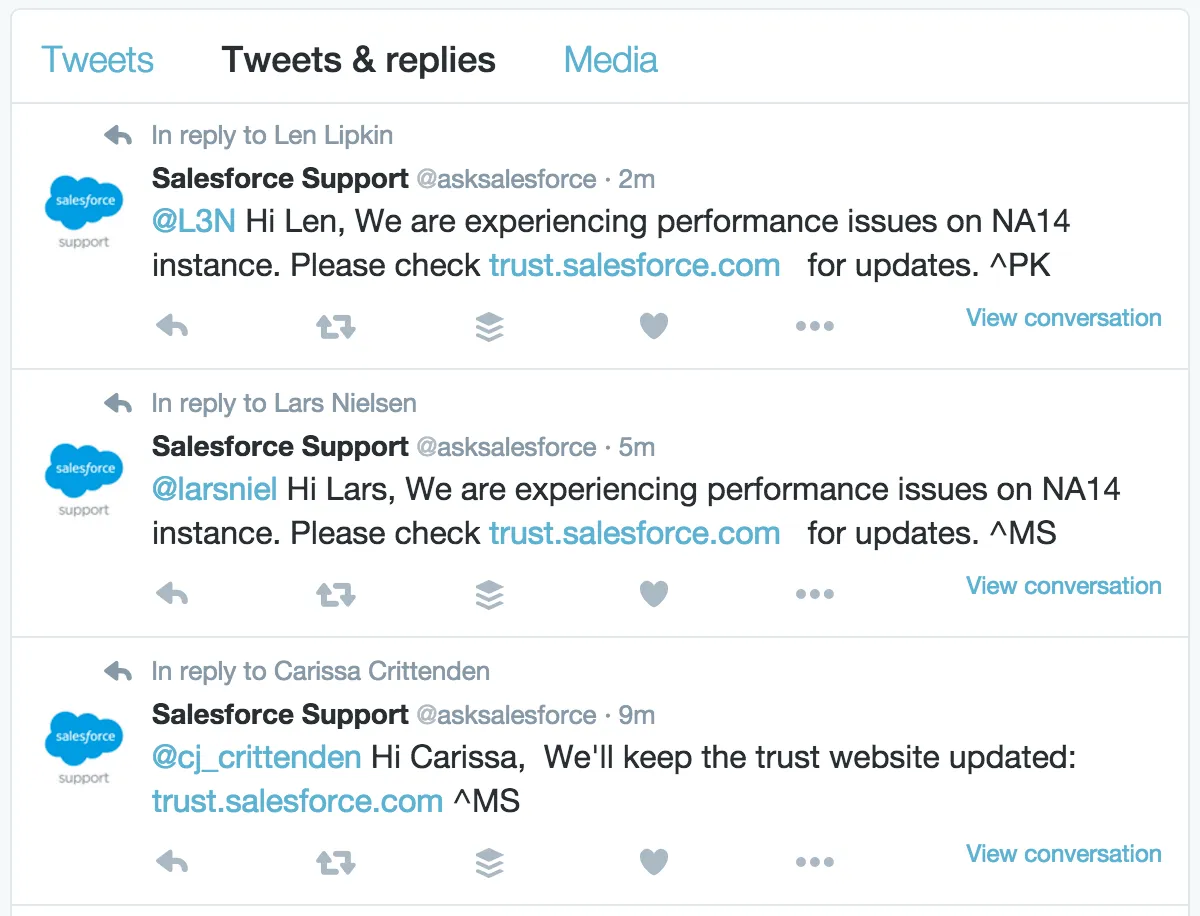 Just a snapshot of the feed for @asksalesforce, Salesforce's alternative Twitter account for support issues.