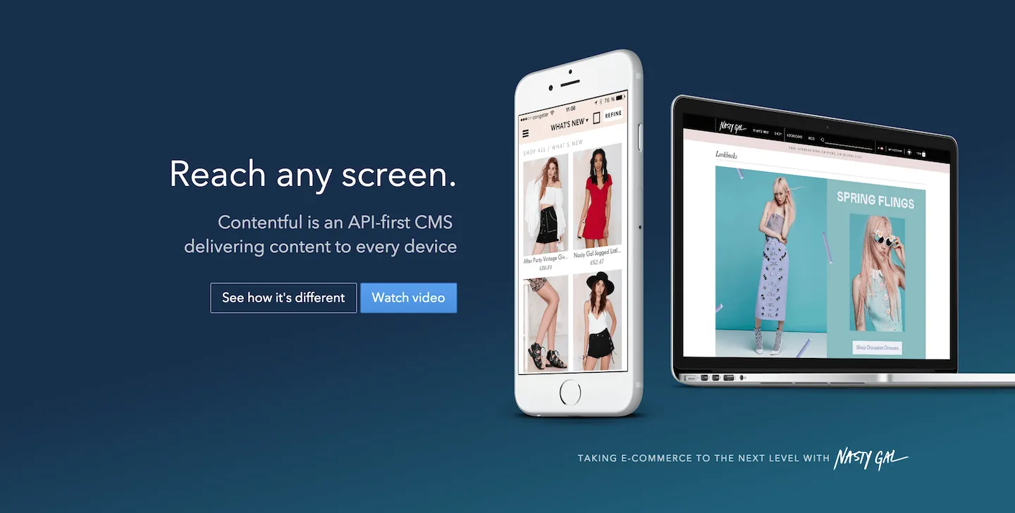 Contentful's Hero shot is clean, simple, and shows off the capabilities of their product. Interestingly, as an API-based product which is difficult to visualize, they choose to leverage their client's content to showcase themselves (fashion is infinitely more visually compelling than an API)