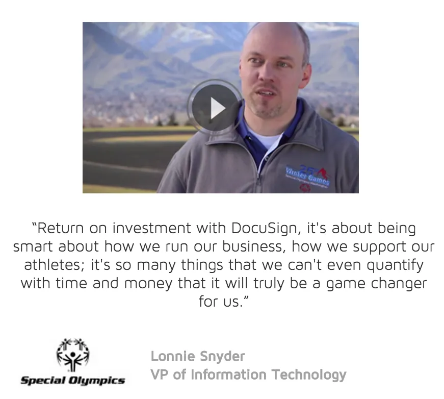 Docusign goes the extra mile with the social proof on their site, by including video content to accompany the testimonial. Video is far more engaging for users than text content, and seeing real people discuss the product would likely have a big impact on the confidence of the user when it comes to buying the product.