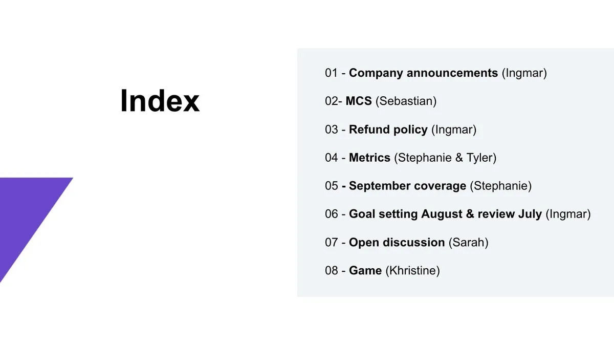 An example of the agenda of a monthly roundup session.