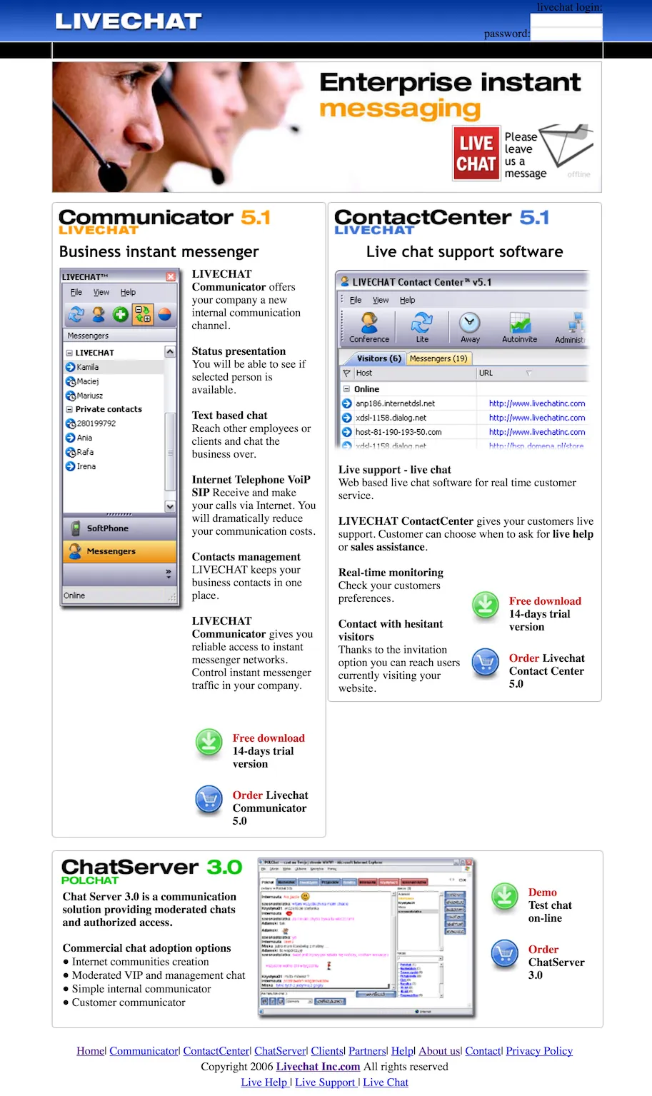The LiveChat website from 2006