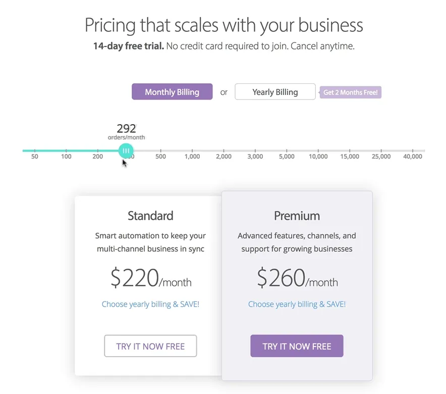 The Sellbrite pricing page does a great job of conveying the product's scalable pricing.