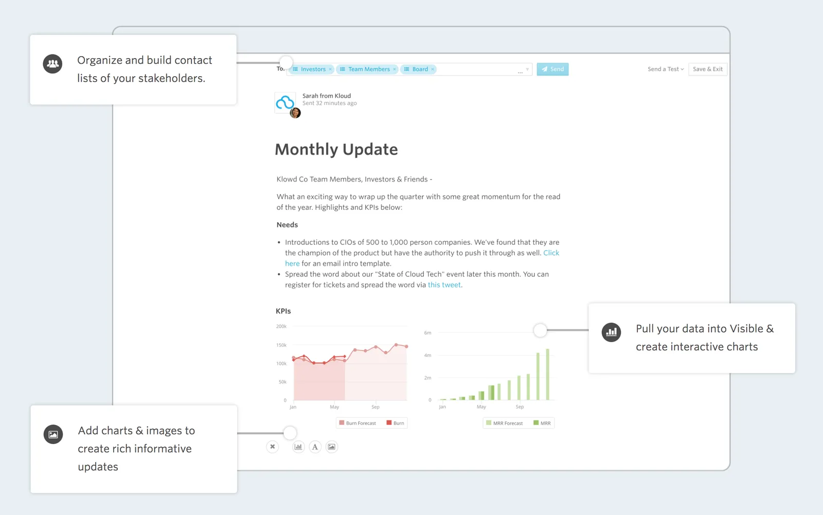  Visible lets you create simple, beautiful investor reports. (source: visible.vc)